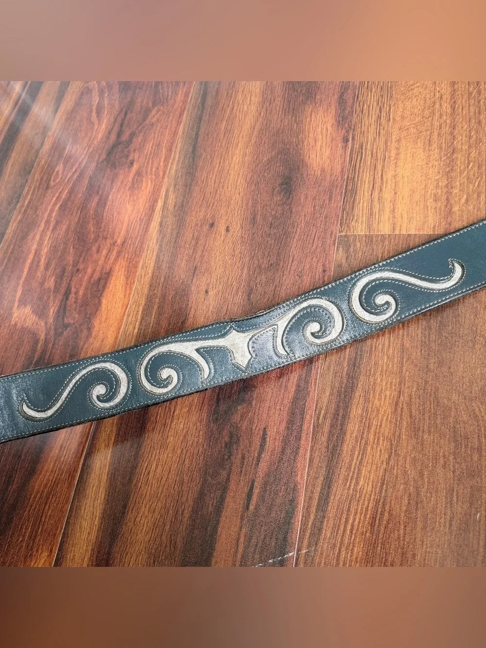 Tony Lama Made in Texas Leather Western Belt Blue Leather Gray Inlay Size 32